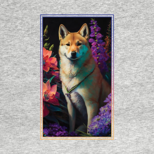 Jindo Dog Vibrant Tropical Flower Tall Digital Oil Painting Portrait 2 by ArtHouseFlunky